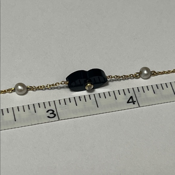 14K Gold + Black Onyx w/ double-sided Diamonds on stationed Pearl chain bracelet - Picture 8 of 14